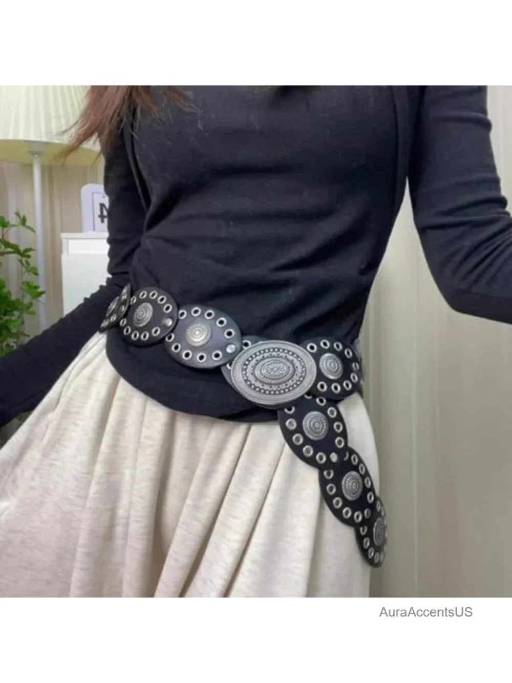 Wide Western Cowgirl Belt with Concho Buckle, PU Leather, Fit Waist Below 38